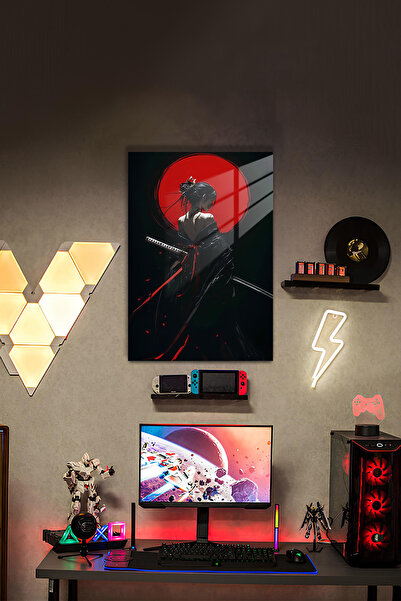 PESHLİSTORE Kırmızı Ayın Altında Samuray Kadın – Japon Fantezi HD Metal Poster