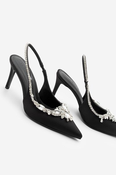 Marjin Women's Stiletto Pointed Toe Stoned Open Back Heeled Shoes Sakne Black Satin