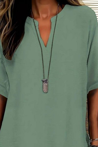 Mossta Short Sleeve V Neck Relaxed Fit Aerobin Blouse - Green