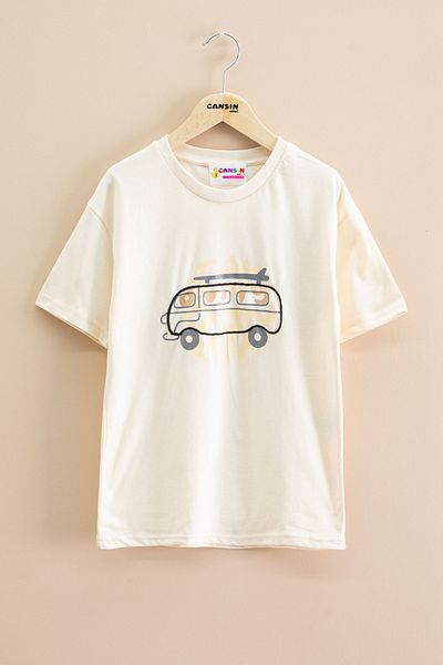 Cansın Mini Κρεμ αυτοκίνητο με στάμπα Crew Neck Boy κοντομάνικο μπλουζάκι 20924