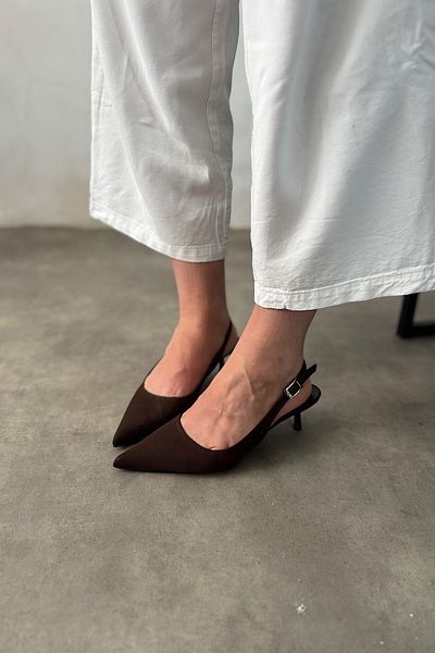SHOEBELLAS Дамски високи токчета Meanj Bitter Brown Saten