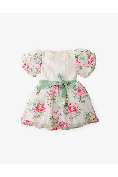Gingersnaps Girls' Floral Dress with Bow at Waist, Short Sleeves