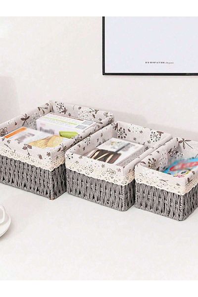 Cozy Nest Handwoven Storage Baskets Set of 3 Durable Rectangular Woven Bins with Removable Fabric Lining
