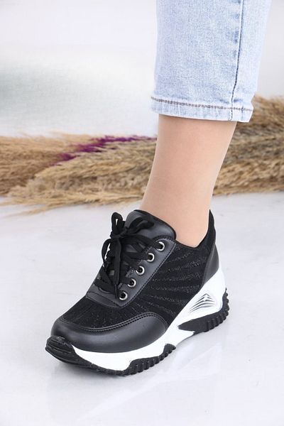 Weynes Pantofi sport cu dungi laterale cu toc ascuns de 7 cm, negru, alb, pentru femei WSB4092
