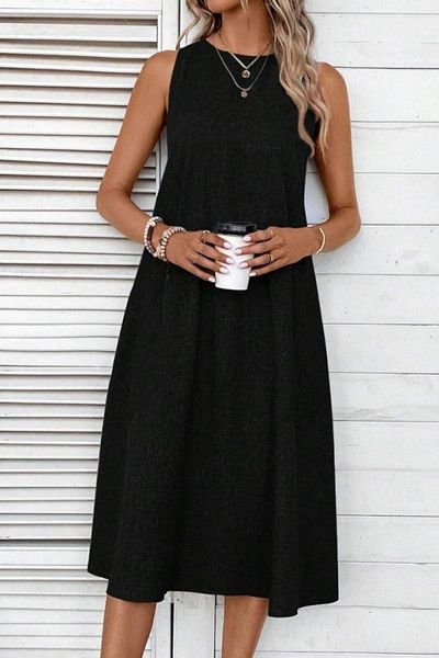 Mossta Sleeveless Round Neck Midi Linen Dress - Black