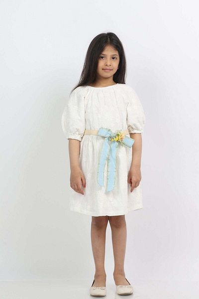 Gingersnaps Girls' Akeem Dress with Bow Belt and Short Sleeves