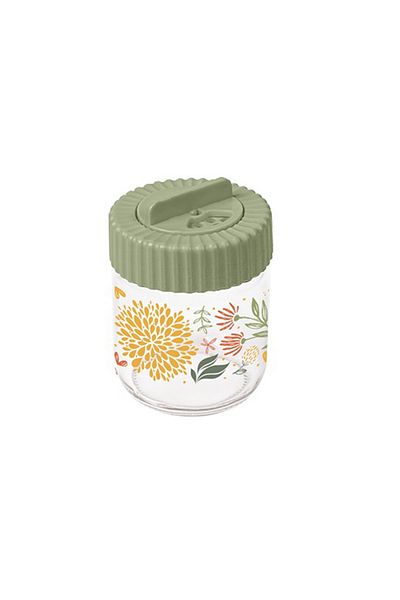 Herevin 200ml Glass Decorated Spice Jar with Airtight PP Green Lid-Botanic Design, SCT, Transparent