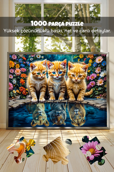 Meleni Toys 3 Adet 1000 Parça Puzzle - Kamp Ateşi, Aslan Kral Kedi ve Vahşi Batı Kasabası Yapboz 68x48 cm