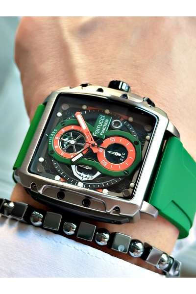 Ferrucci Function Green Dial Calendar Square Green Silicone Men's Watch