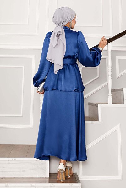 EBRUTESETTÜR Satin Skirt Suit with Gathered Waist Belt Detail