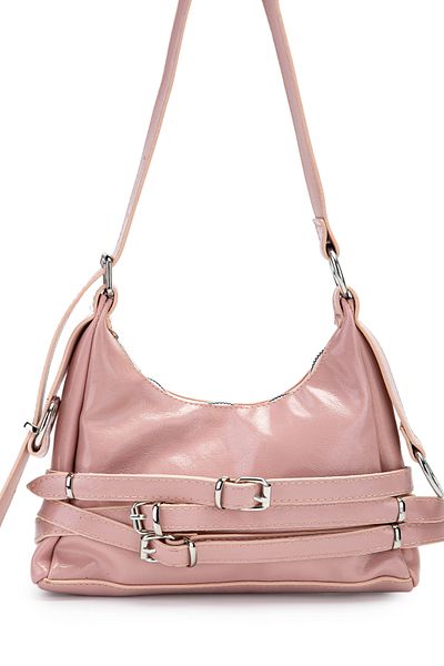 Kukura Belt Detailed Patent Leather Faux Leather Baguette Women's Shoulder Bag Mary Powder