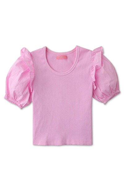 Gingersnaps بلوزة بناتية سادة مضلعة بأكمام قصيرة وأكمام منفوخة