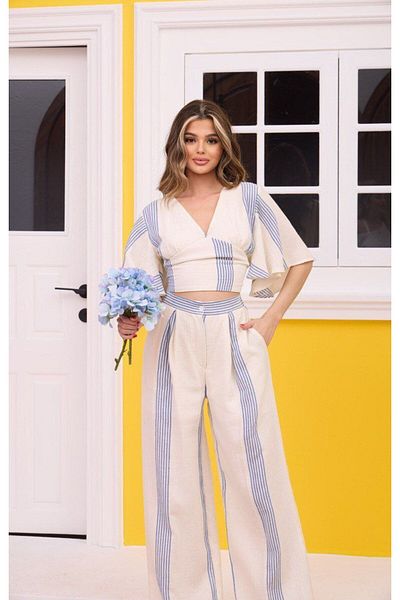 Bleu Petite Beige Stripe Patterned Crop Pants Muslin Set