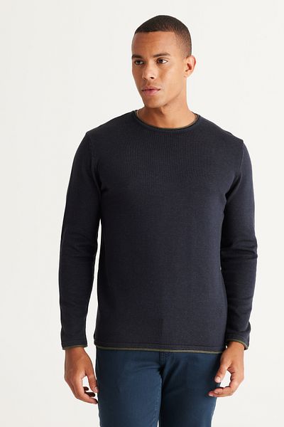 AC&Co / Altınyıldız Classics Men's Navy Blue-Khaki Standard Fit Regular Cut Crew Neck Cotton Knitwear Sweater