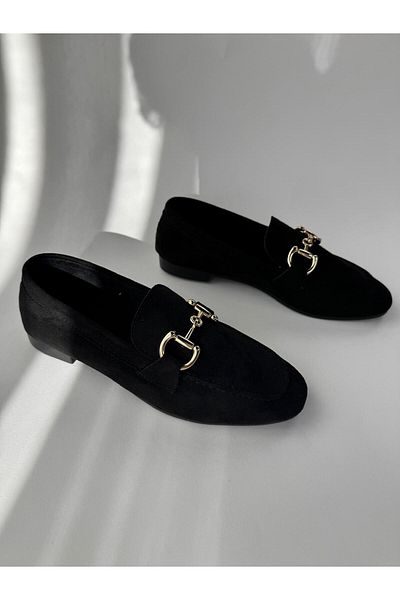 Cappmoda Ayk-1018 Black Gold Buckle Suede Ballerinas