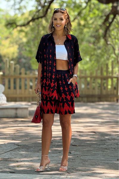 Nevin Kaya Moda Shorts Shirt Set - Navy Blue Fish Pattern