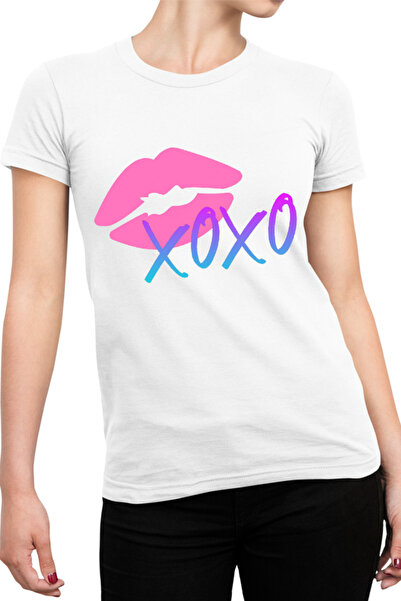 OEM Women's T-shirt XOXO Logo Kiss Lips Lipstick Gradient Neon
