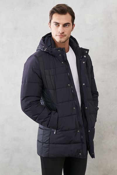 AC&Co / Altınyıldız Classics Men's Navy Blue Standard Fit Stand Collar Hooded Casual Black Coat