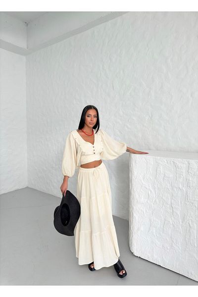 Bleu Petite Seashell Tie-Up Crop Blouse Skirt Set