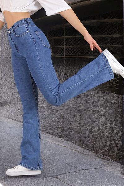byhaziran butik Onna Spanish Leg Colorfast Medium Blue Stretchy High Waist Denim Pants