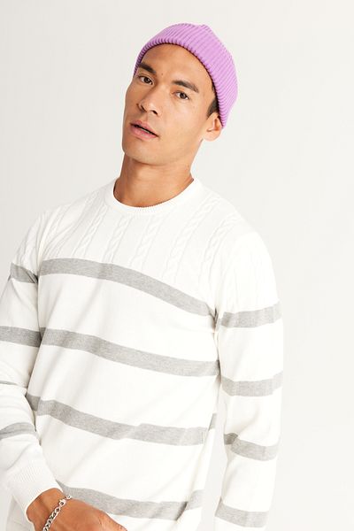 AC&Co / Altınyıldız Classics Men's Ecru-Grey Standard Fit Regular Cut Crew Neck 100% Cotton Knitwear Sweater