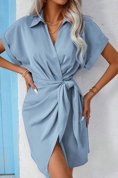 Mossta Short Sleeve Tie Detail Mini Dress - Blue