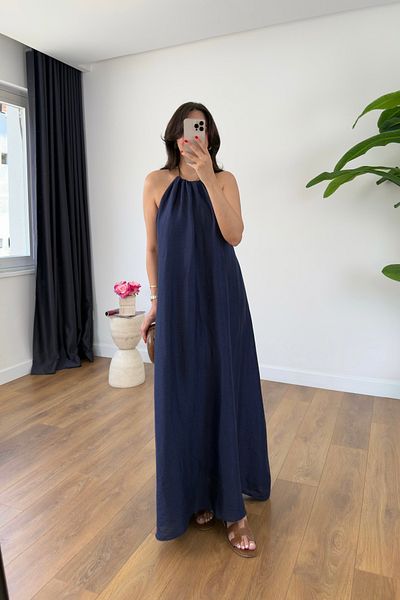 BİRCANÇİL Vinnie Navy Blue Neck Tie Detailed Lined Dress