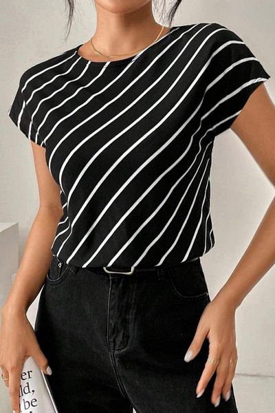 Mossta Crew Neck Striped Atlas Blouse - Black