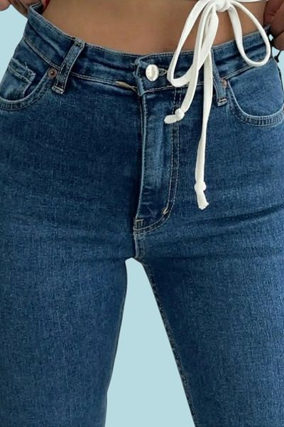 byhaziran butik Dominique Women's High Waist Medium Blue Flare Jeans