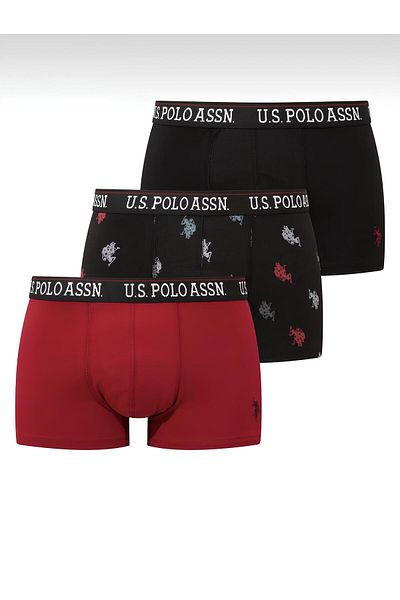 U.S. Polo Assn. Ανδρικό Σετ Μπόξερ 3 τεμαχίων - Μαύρο Μπορντό και Έντυπο Χρώμα Βαμβακερά Εσώρουχα