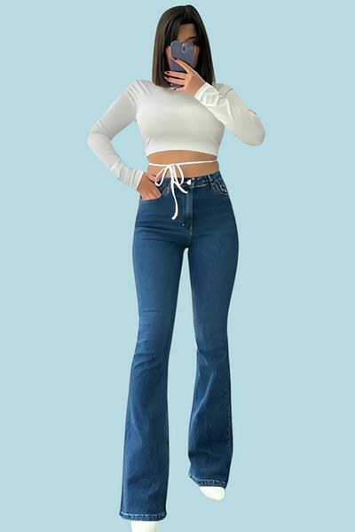 byhaziran butik Dominique Women's High Waist Medium Blue Flare Jeans