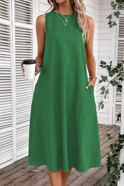 Mossta Sleeveless Round Neck Midi Linen Dress - Green