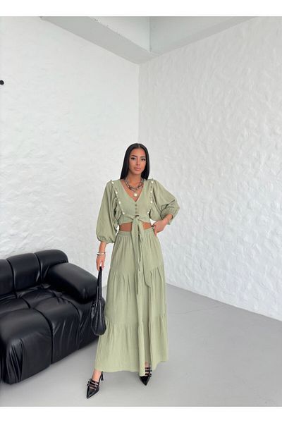 Bleu Petite Seashell Tie-Up Crop Blouse Skirt Set