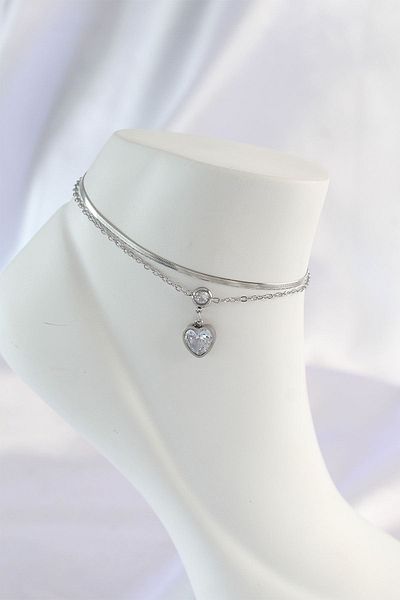 CONAHOME 316L Steel Gold Color Zircon Stone Heart Design 2-Piece Anklet - Tj-Hh1589