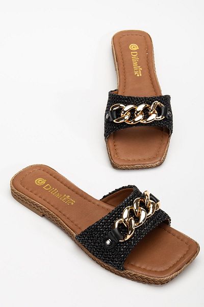 Dilimler Ayakkabı Women's Flat Heeled Slippers Black Thick Single Tape Chain Accessory Straw
