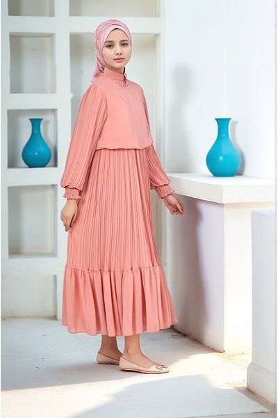 Asortik Kids Girls' Long Length Lined Pleated Cotton Chiffon Hijab Dress