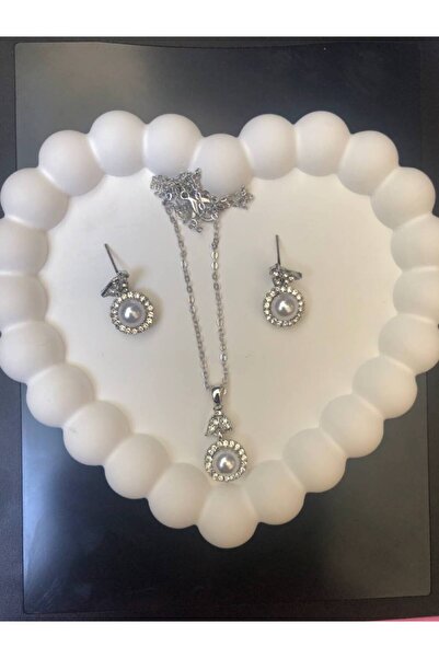 Merve Bijuteri Gümüş Renk Zirkon Taşlı Kolye Küpe Kombin