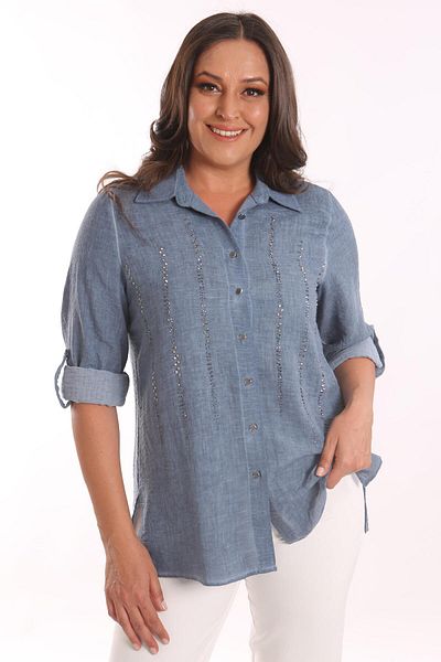 Metpoint Πουκάμισο Trend42plus Plus Size Navy Blue Stone με στάμπα μπατίκ που πλένεται