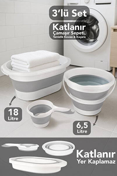 Meleni Home 3'lü Katlanır Banyo Seti - Katlanabilir Silikon 18 Lt Çamaşır Sep...
