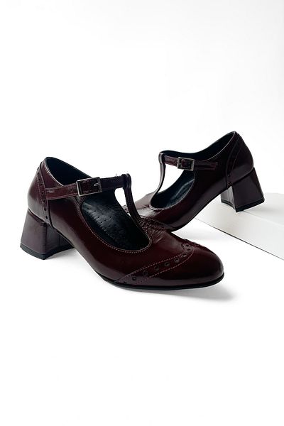 RABU Burgundy Patent Leather Women's Genuine Leather T-Band 5 cm Heeled Mary Jane Heeled Shoes