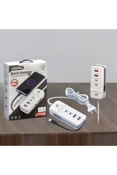 D&K WONDER 66W mains charger, for iPhone Samsung, 3x USB C, 2x USB, Super Fast Charge, White