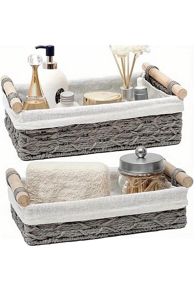 Cozy Nest 2-Pack Woven Storage Baskets Rectangular Fabric with Washable Liner Paper Rope Woven Design