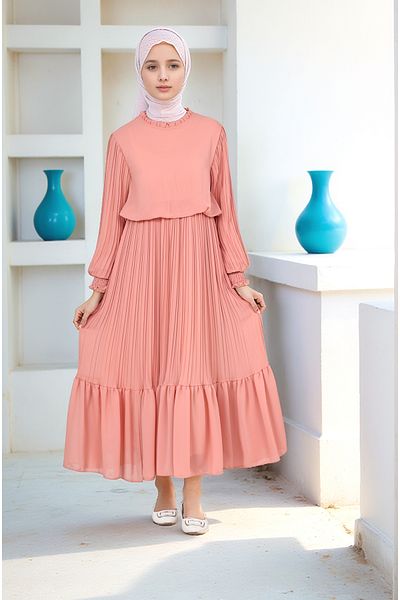 Asortik Kids Girls' Long Length Lined Pleated Cotton Chiffon Hijab Dress