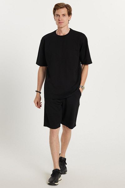 Tudors Men's Standard Fit Regular Cut Cotton Crew Neck Waist Lace-Up Black Shorts Suit