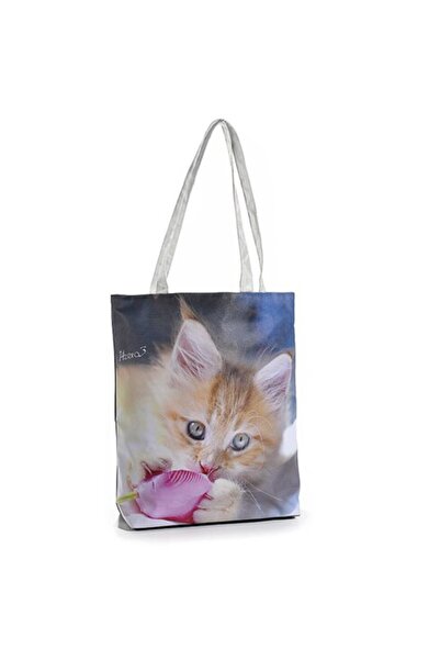 OEM Tote Bag Textile and Faux Leather Bag with Puppy Cats Print