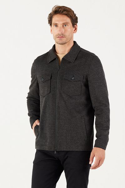 AC&Co / Altınyıldız Classics Men's Black Comfort Fit Relaxed Fit Shirt Collar Patterned Winter Shirt Jacket