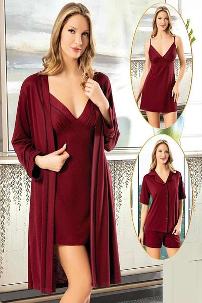 Xses 5025 Women's Burgundy Combed Cotton 4-Piece Shorts Dressing Gown Nightgown Dowry Suit
