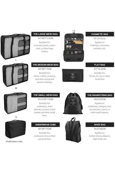 LIODUX Super Paraline 8 Pcs Set Travel Luggage Organizer Packing Cubes Waterproof Laundry Bag Compression S