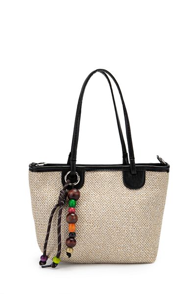 Kukura Wooden Bead Detailed Straw Women's Crossbody Bag Missy Black