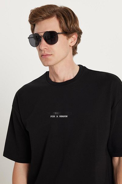 Tudors Ανδρικό μπλουζάκι Oversize Φαρδύ Βαμβακερό εμπριμέ με λαιμόκοψη μαύρο